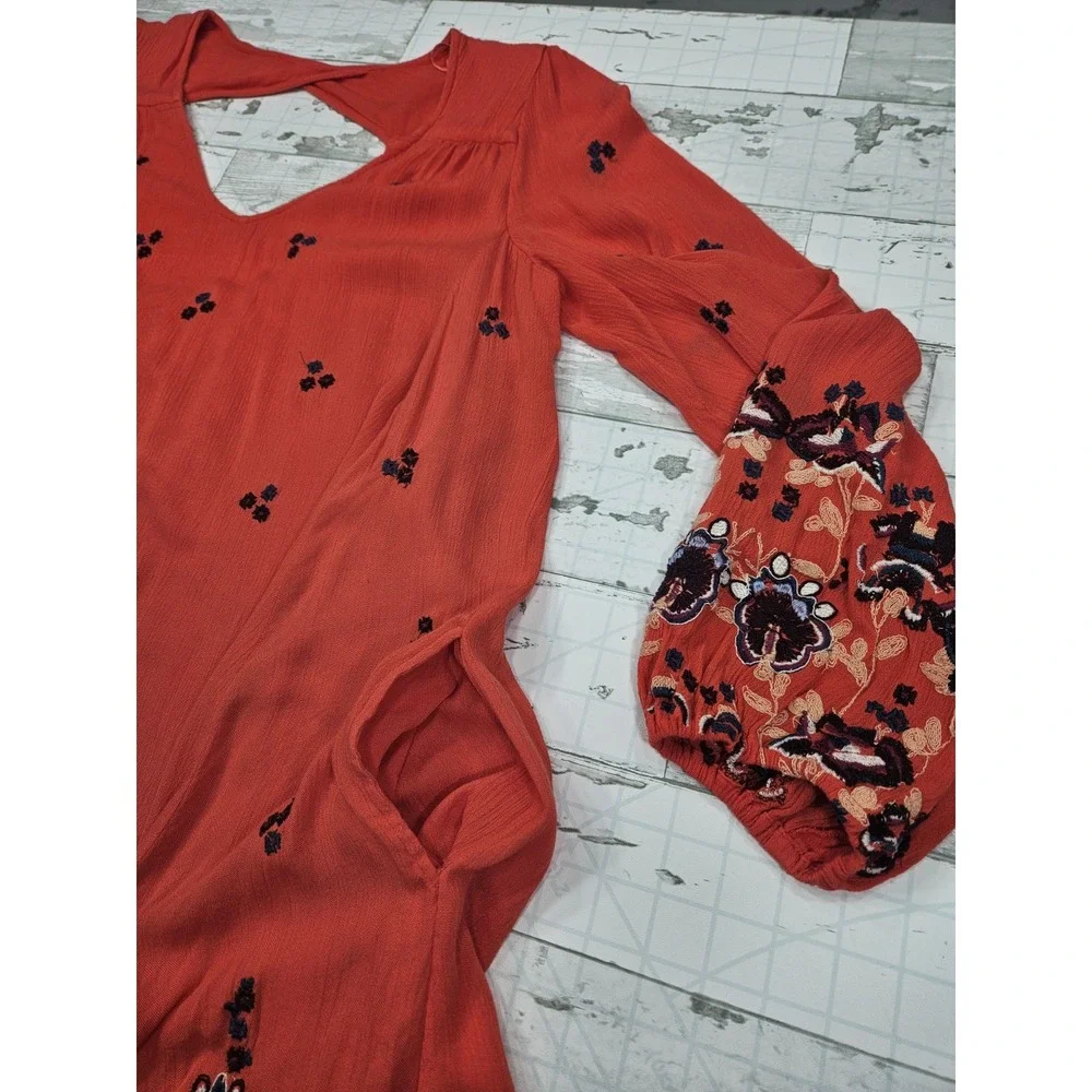 Free People Womens Xsmall Oxford Red Embroidered Floral Mini Dress